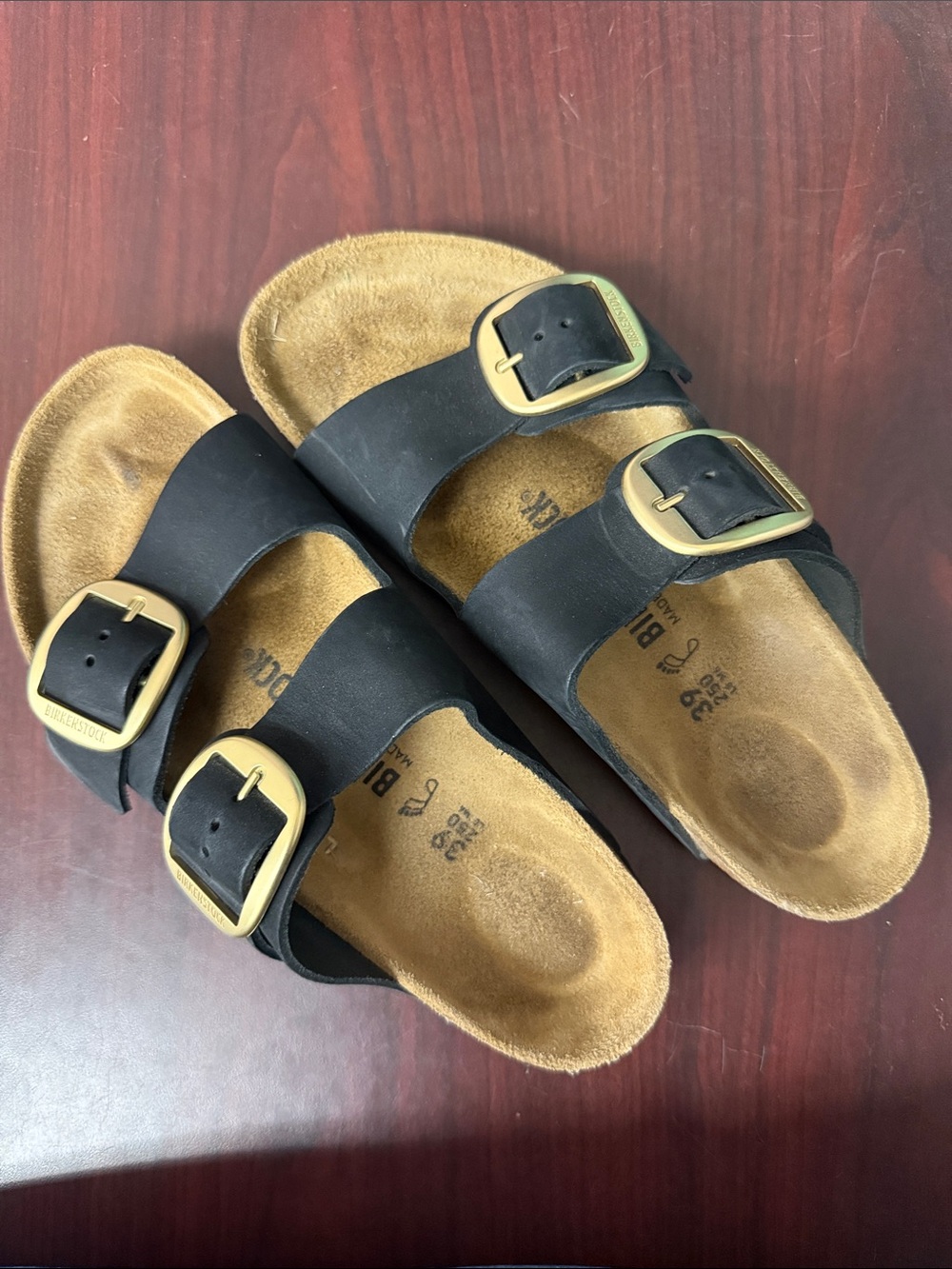 Birkenstock Arizona Black Nubuck with Gold Big Buckle Like New